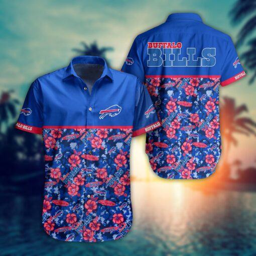 Buffalo Bills Hawaiian Shirt Buffalo Symbol Pink Hibiscus Flowers Blue