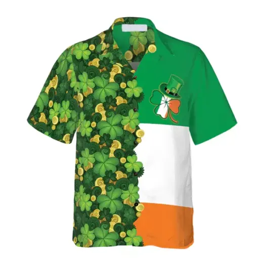 Gold Coins Shamrock Saint Patrick's Day Irish Ireland Flag hot Hawaiian Shirt