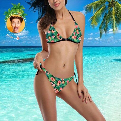 custom Face Swimsuit hawaiian Bikini with Face - Leaves and Flowers