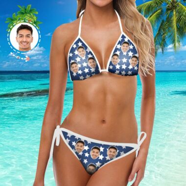 custom Face Swimsuit hawaiian Bikini with Face - Stars with Blue