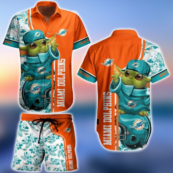 NFL Miami Dolphins Hawaiian Shirt Baby Yoda Floral and Short 3D For Fans 01