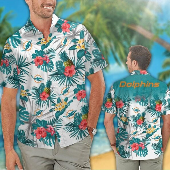 NFL Miami Dolphins Hawaiian Shirt Short Sleeve Button Up Tropical Aloha