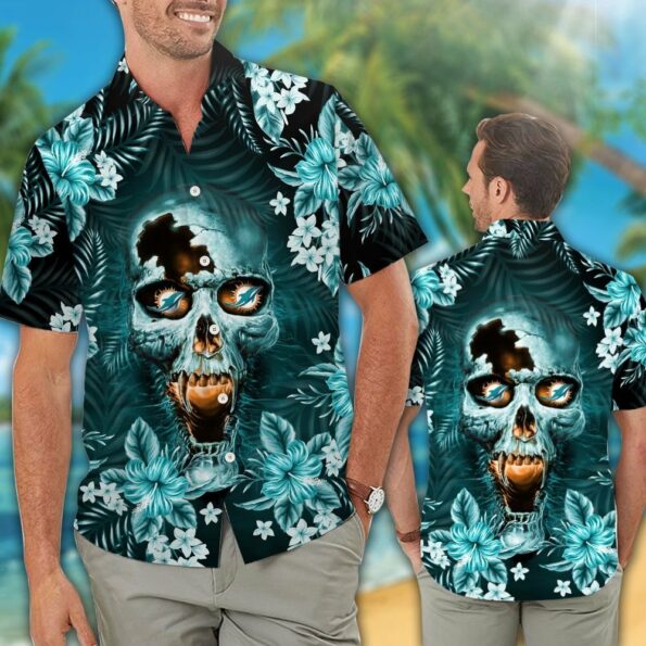 NFL Miami Dolphins Hawaiian Shirt Skull Short Sleeve Button Up Tropical Aloha