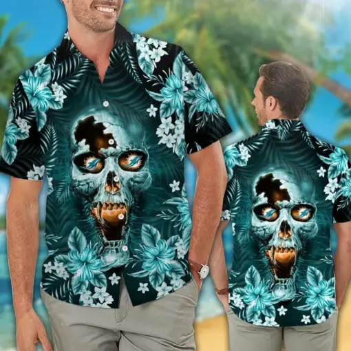 NFL Miami Dolphins Hawaiian Shirt Skull Short Sleeve Button Up Tropical Aloha