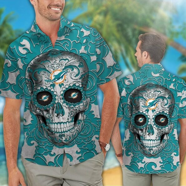 NFL Miami Dolphins Hawaiian Shirt SugarSkull Short Sleeve Button Up Tropical Aloha