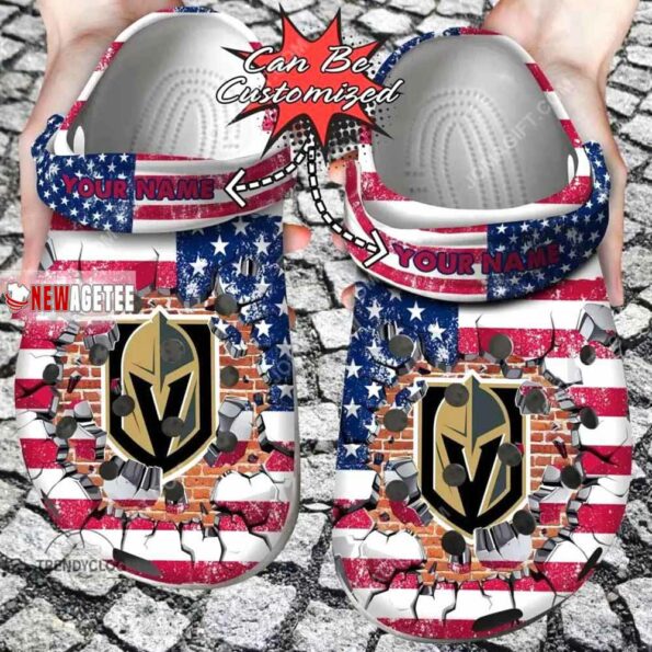 Nhl Vegas Golden Knights American Flag Breaking Wall Custom Name Crocs Clog