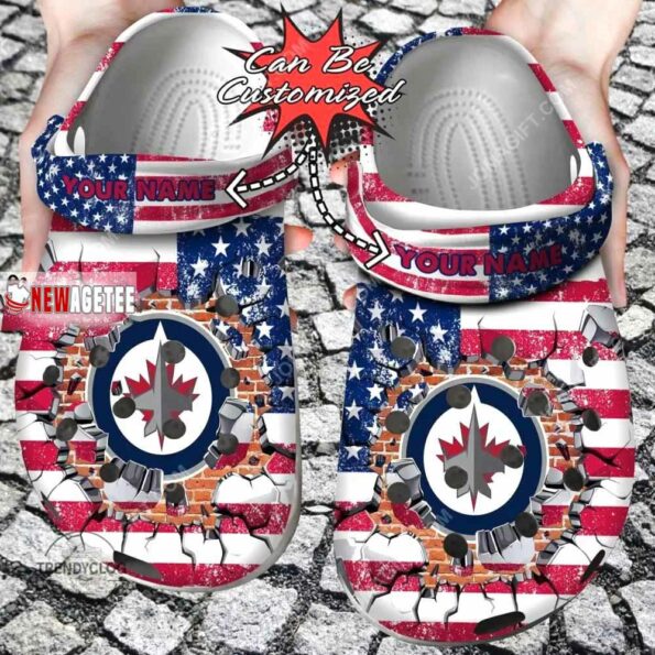 Nhl-Winnipeg-Jets-American-Flag-Breaking-Wall-Custom-Name-Crocs-Clog