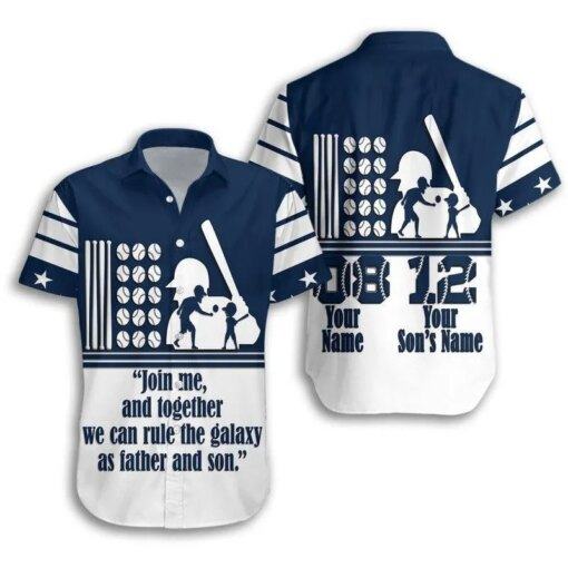 Personalised Fathers Day America Dad And Son Baseball Player Hawaiian Shirt Blue