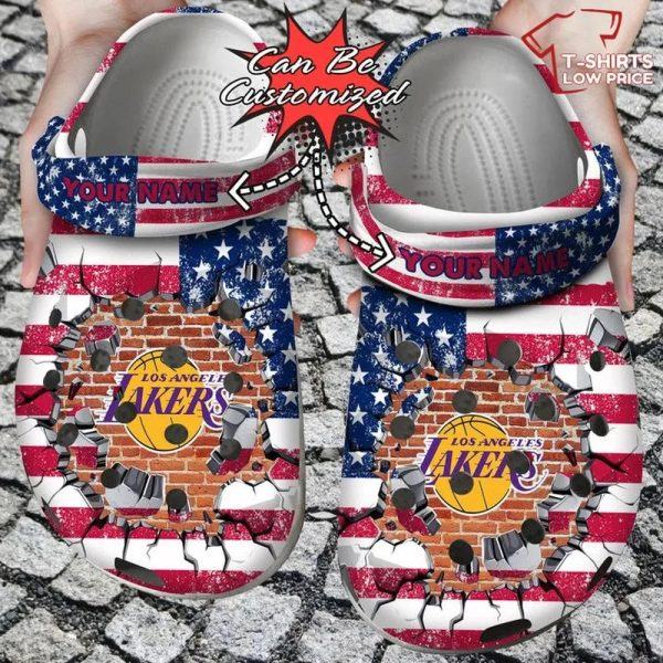 Personalized Los Angeles Lakers American Flag Breaking Wall Crocs Clog Shoes