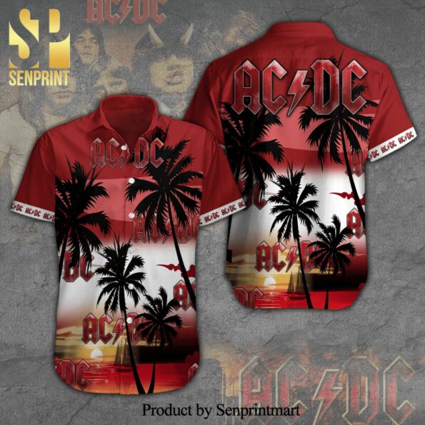 AC DC Rock Band And Sunset Palm Tree Full Printing Short Sleeve Dress Shirt Hawaiian Summer Aloha Beach Shirt – Red