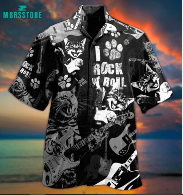 Cat Rock D Roll Cool Music Lover Short-Sleeve Rock Music Button Up hot Hawaiian Shirt