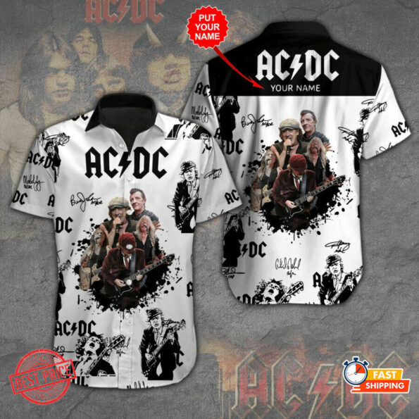 Personalized AC-DC Signatures Hawaiian Button Up Shirt for Rock Band Tee Gilf