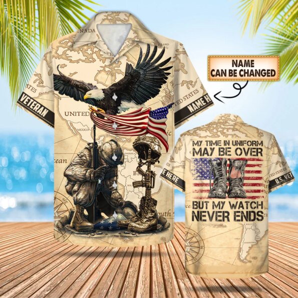 Personalized hot Hawaiian Shirt My Time In Uniform May Be Over But My Watch Never Ends Hawaiian Shirt For Veteran