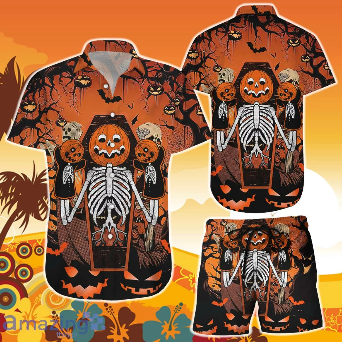 Pumpkin hot Hawaiian Shirt and Short Happy Halloween Pumpkin Skeleton Scary Creepy Halloween