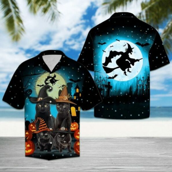 Black Cat Witch Halloween 3D hot Hawaiian Shirt