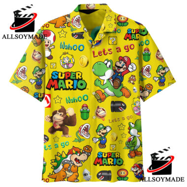 Cheap Lets Go Yellow Super Mario Button Up Shirt hawaiian shirt for gift