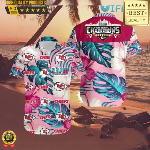 Football Kansas City Chiefs Super Bowl Wins 2023, LVII Shirt Hibiscus Palm Leaf, NFL Hawaiian Shirt