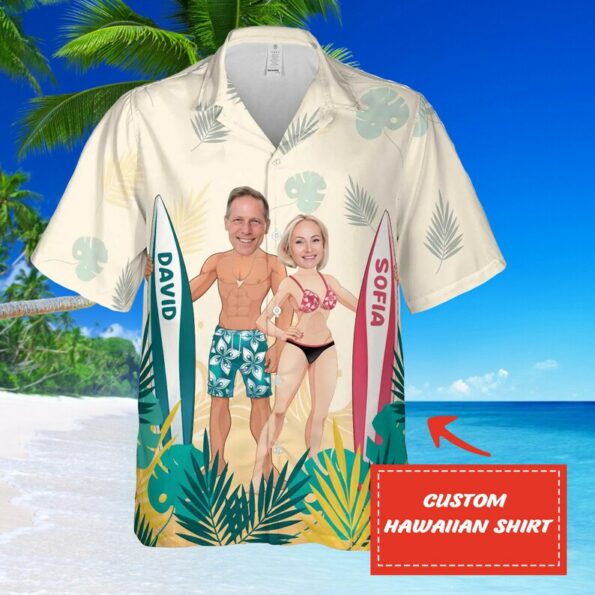 Funny Custom Face Happy Couple Flower Tropical hot Hawaiian Shirt, Personalized Hawaiian Shirts