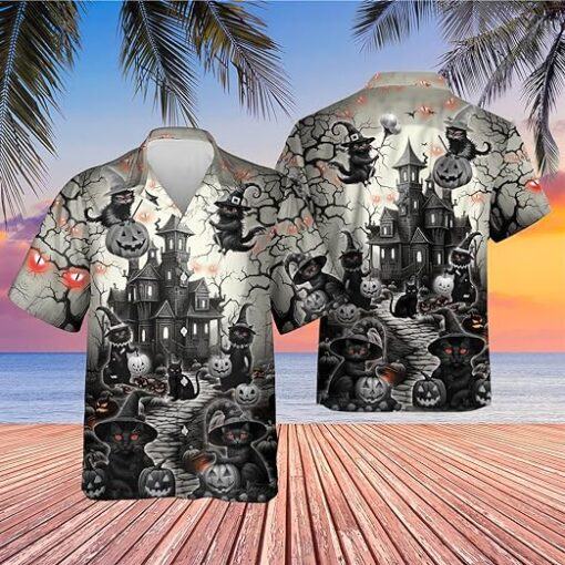 Halloween hot Hawaiian Shirts Fun Happy Halloween Printed Button Down Haunted House's witch