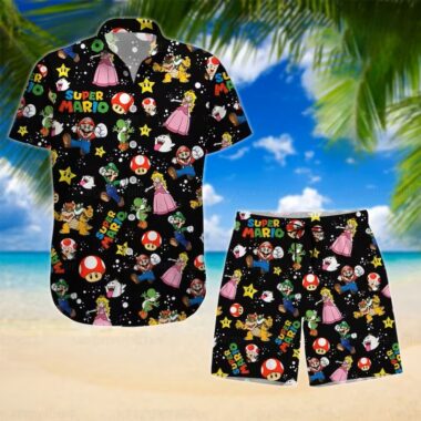 Super Mario hot Hawaiian Shirt combo set Summer Tropical Button Up for Gift