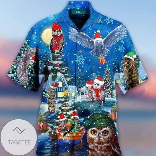 Amazing Owl On Christmas Days Blue Hawaiian Shirts