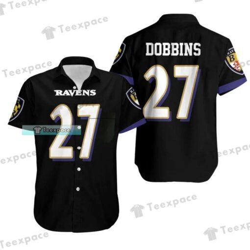 Baltimore Ravens J K Dobbins 27 Black Jersey Inspired Hawaiian Shirt