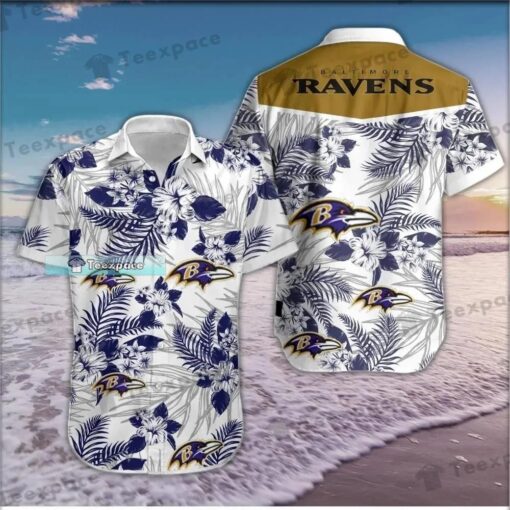 Baltimore Ravens Tropical Plant White Pattern Hawaiian Shirt_2