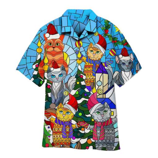 Cat Family Merry Christmas Stained Glass Trendy Hawaiian Shirt