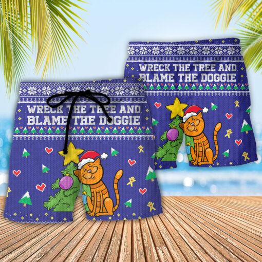 Cat Wreck The Tree And Blame The Doggie Christmas Trendy Aloha Hawaiian Beach Shorts_2