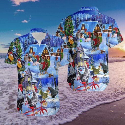 Christmas Chickens Themed Hawaiian Aloha Summer Shirt