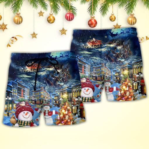 Christmas Family Snowman Santa Claus In Love Light Art Style Trendy Aloha Hawaiian Beach Shorts_2