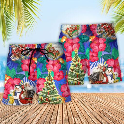 Christmas Flowers Tropical Santa Claus Trendy Aloha Hawaiian Beach Shorts_2