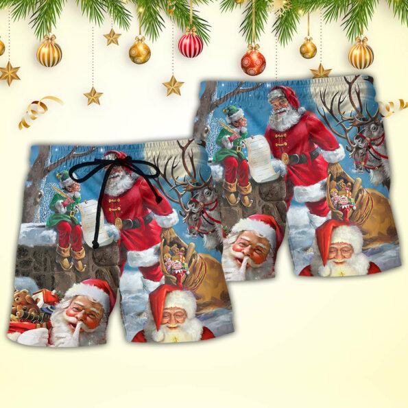 Christmas Funny Santa Claus Elf Xmas Is Coming Blue Sky Art Style Trendy Aloha Hawaiian Beach Shorts