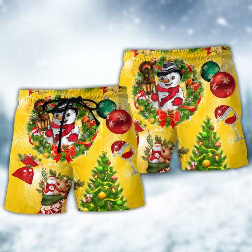 Christmas Funny Snowman Happy Christmas Tree Yellow Light Trendy Aloha Hawaiian Beach Shorts_2