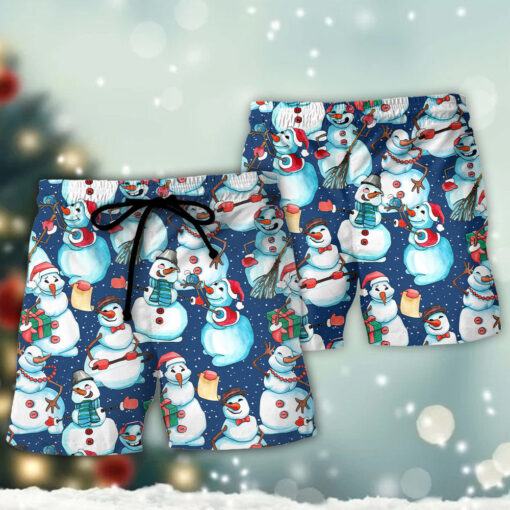 Christmas Happy Snowman Xmas Trendy Aloha Hawaiian Beach Shorts_2