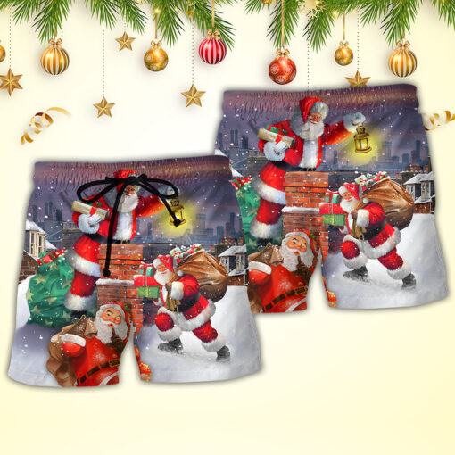 Christmas Having Fun With Santa Claus Gift For Xmas Art Style Trendy Aloha Hawaiian Beach Shorts