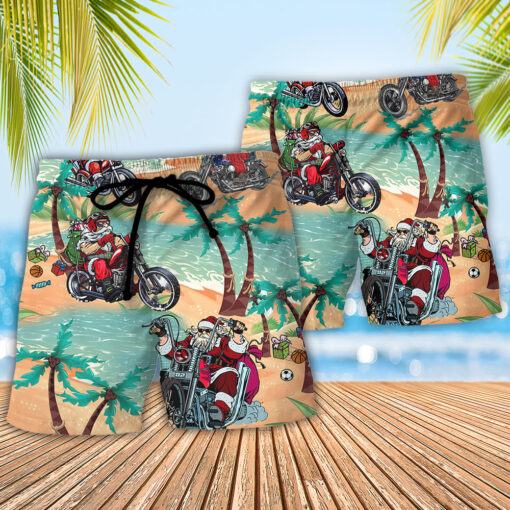 Christmas In July Driving With Santa Claus On Summer BeachTrendy Aloha Hawaiian Beach Shorts_2