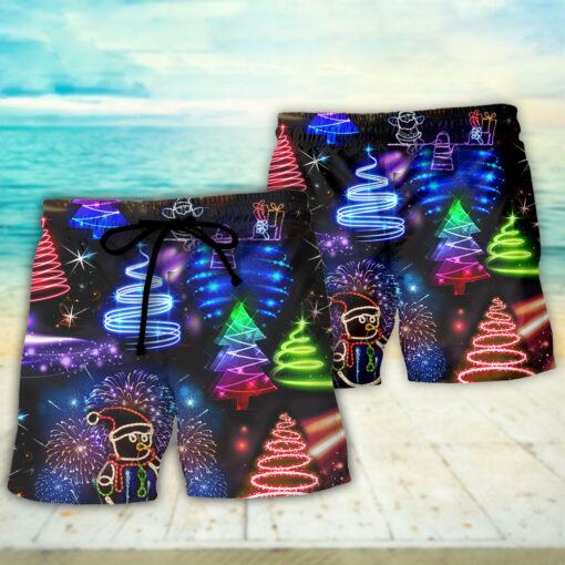 Christmas Neon Art Santa And Snowman Trendy Aloha Hawaiian Beach Shorts_2