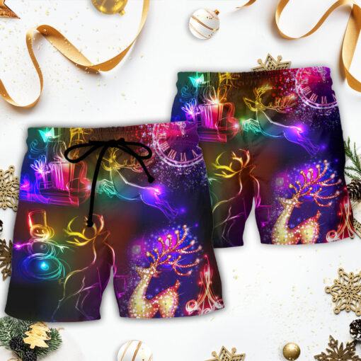 Christmas Reindeer Neon Light Bright Trendy Aloha Hawaiian Beach Shorts