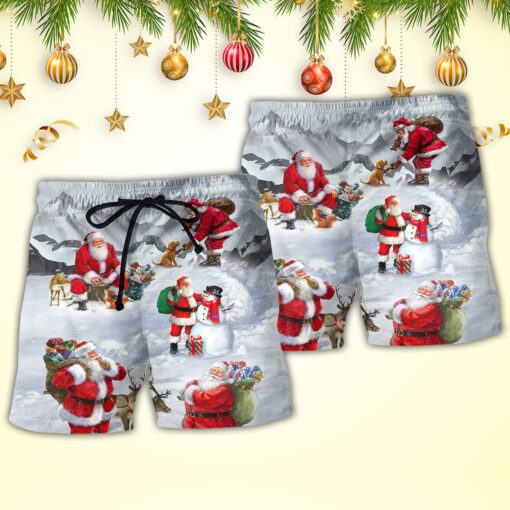 Christmas Santa Claus In The Snow Mountain Art Style Trendy Aloha Hawaiian Beach Shorts