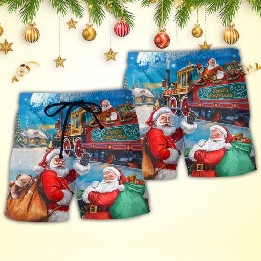 Christmas Santa Claus Train Gift For Xmas Art Style Trendy Aloha Hawaiian Beach Shorts_2