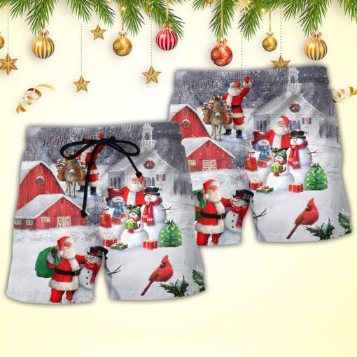 Christmas Santa Claus With Snowman Family In The Town Art Style Trendy Aloha Hawaiian Beach Shorts_2