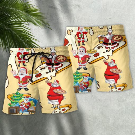 Christmas Santa Eating Pizza. It’s Yummy Trendy Aloha Hawaiian Beach Shorts_2