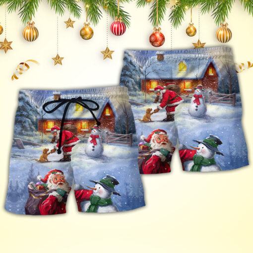 Christmas Santa Love Snowman In The Village Gift For Xmas Trendy Aloha Hawaiian Beach Shorts