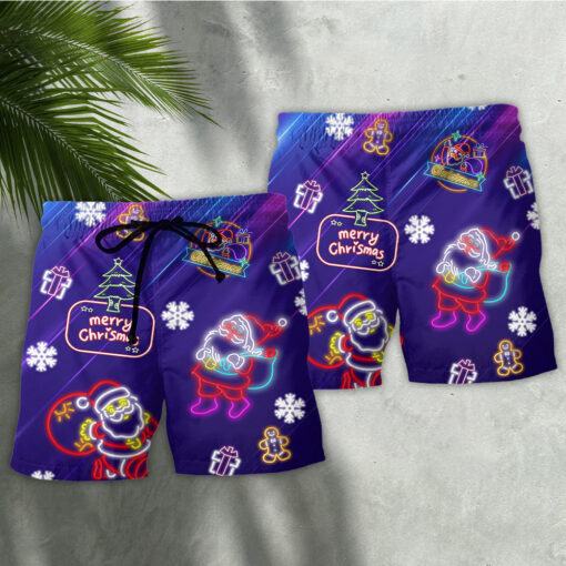 Christmas Santa Neon Light Xmas Party Trendy Aloha Hawaiian Beach Shorts_2