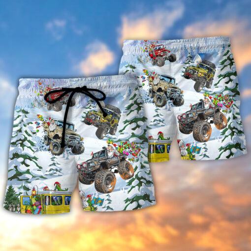 Christmas Santa Riding Monster Jeep Trendy Aloha Hawaiian Beach Shorts