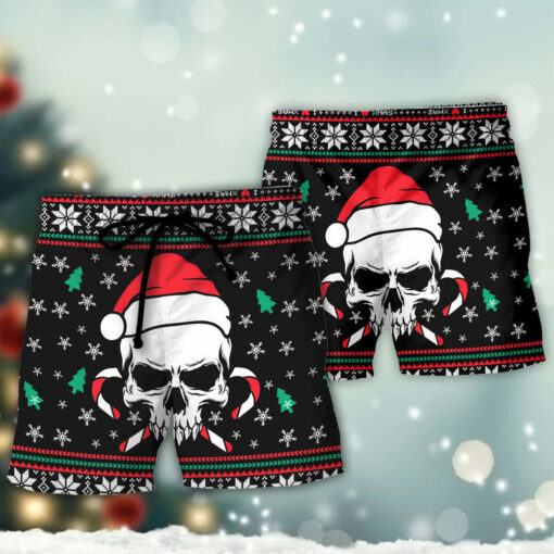 Christmas Skull Wearing Santa Claus Hat And Sweat Candy Trendy Aloha Hawaiian Beach Shorts_2