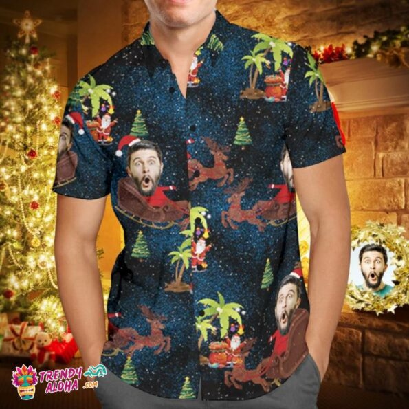 Custom Face Personalized Christmas Trendy Aloha Hawaiian Shirt Reindeer Pulling A Sleigh Christmas Gift