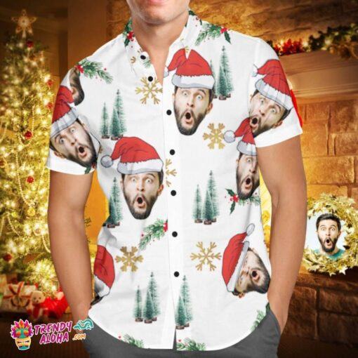Custom Face Personalized Christmas Trendy Aloha Hawaiian Shirt Your Face With Santa Hat