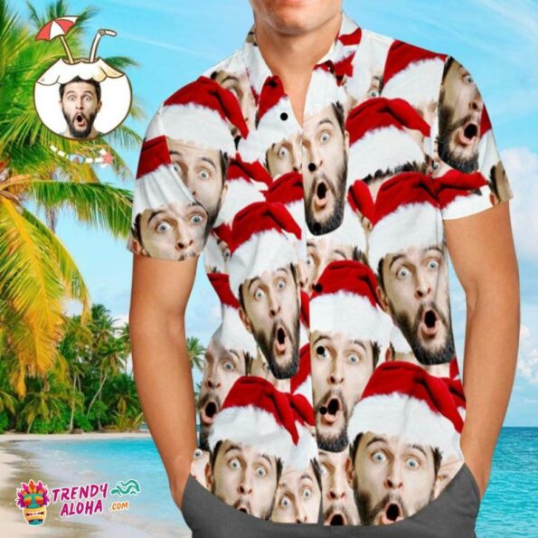 Custom Face Shirt Personalized Photo Men’s Trendy Aloha Hawaiian Shirt Christmas Gift – Santa Face Mash
